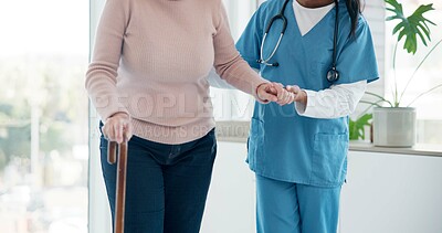 Caregiver hands, disabled and old woman with walking stick for support, senior wellness care or movement disability. Elderly rehabilitation service, retirement home and nurse help patient with cane
