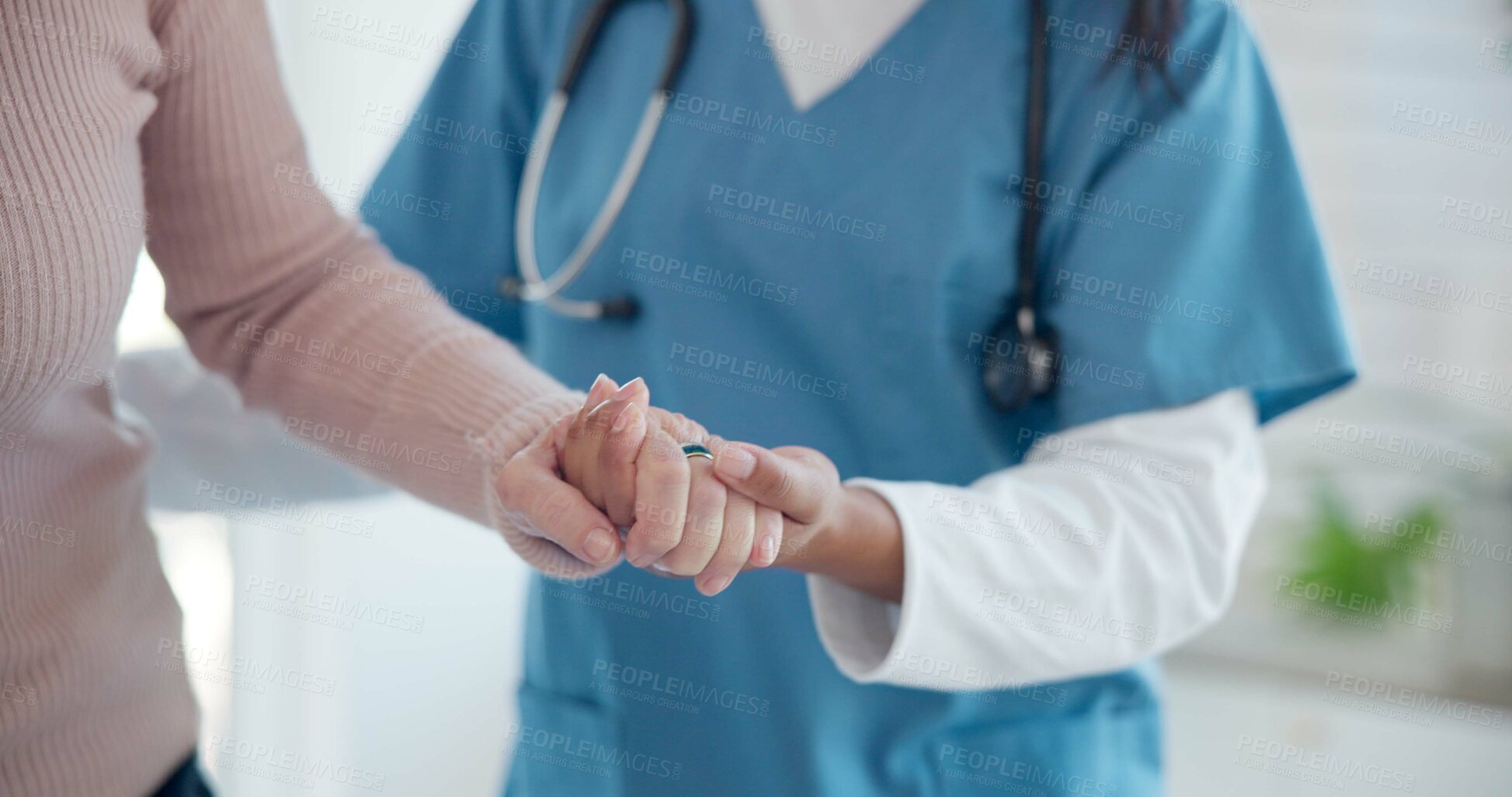 Buy stock photo Nurse, disabled and old person holding hands for walking support, elderly care or movement disability. Closeup rehabilitation service, retirement home physiotherapy and caregiver help senior patient