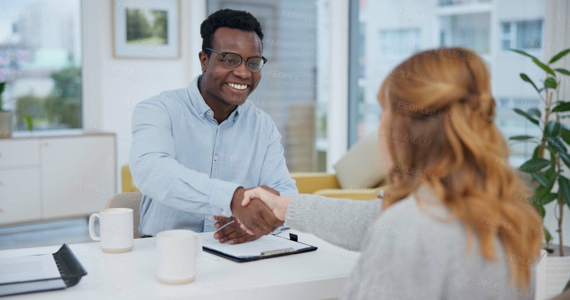 Buy stock photo Handshake, contract and consulting with lawyer and client for planning, signature or deal. Financial advisor, legal documents and agreement with black man and woman in law firm for life insurance