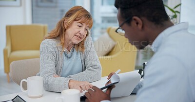 Talking, results and woman with black man or doctor for healthcare, insurance or checklist. Wellness, consulting and a senior patient speaking to an African clinic worker with a document for surgery