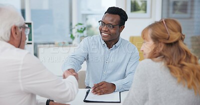 Senior couple, insurance agent and handshake with planning and investment at meeting. Finance, shaking hands and agreement deal for accounting and retirement budget for income savings with thank you