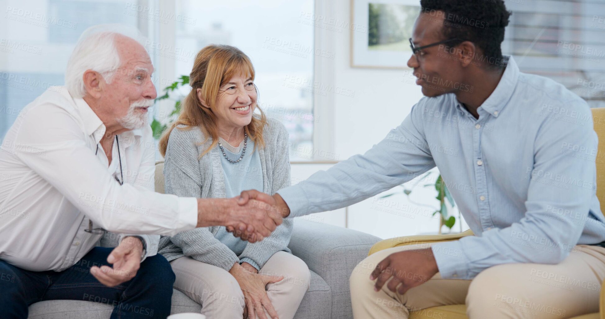 Buy stock photo Senior, couple and handshake for life insurance planning and investment at a meeting. Finance, shaking hands and agreement deal for accounting and retirement budget for income savings with thank you