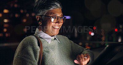 Woman, night business and tablet on city rooftop, office building and social networking connection, online management and web media. Happy mature manager, urban cityscape and digital tech