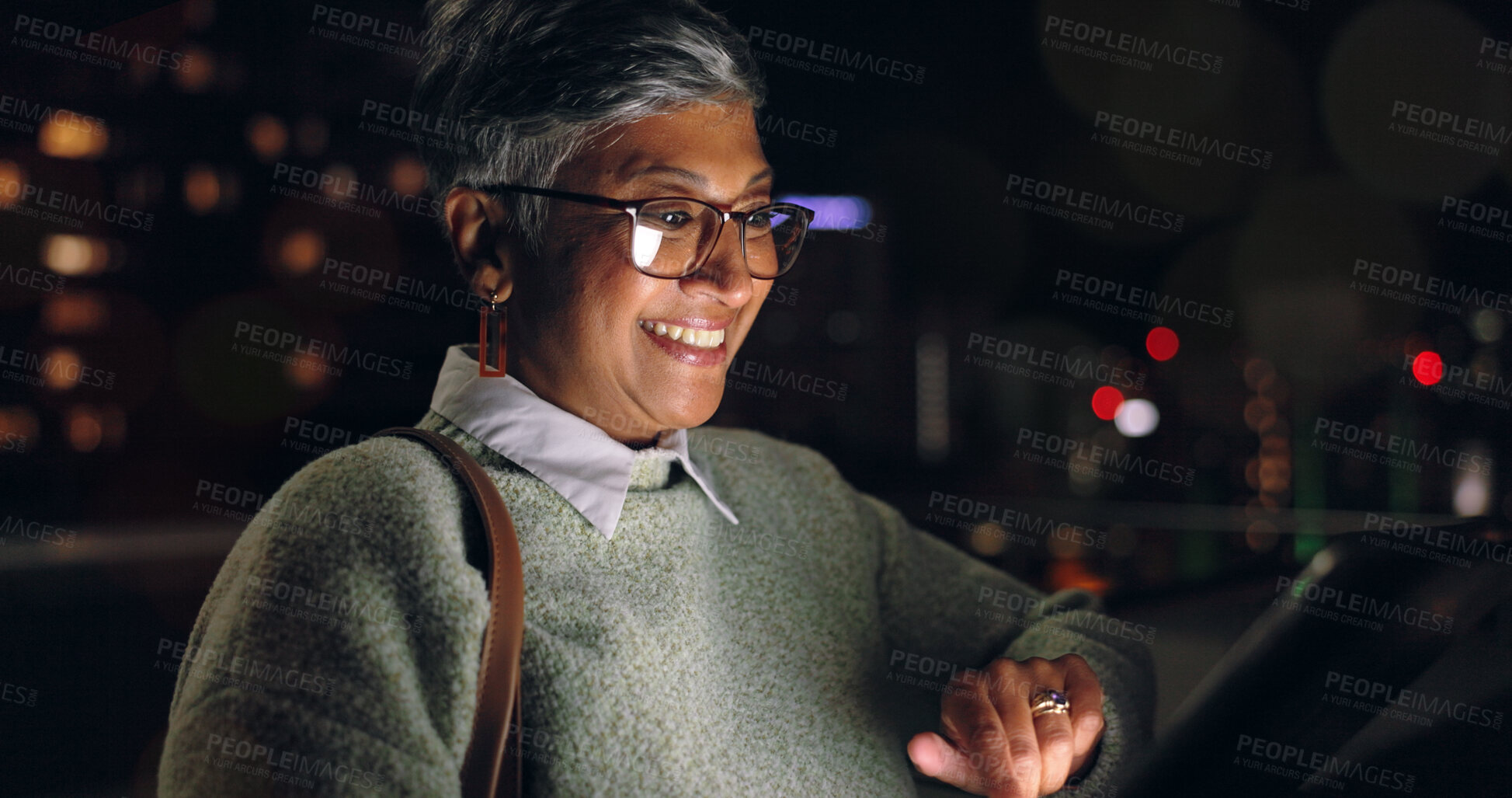 Buy stock photo Woman, night business and tablet on city rooftop, office building and social networking connection, online management and web media. Happy mature manager, urban cityscape and digital tech