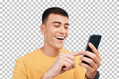 Phone, funny and man typing on social media, internet and reading meme online. Laughing person on smartphone, comedy app and watch video, communication and isolated on a transparent png background