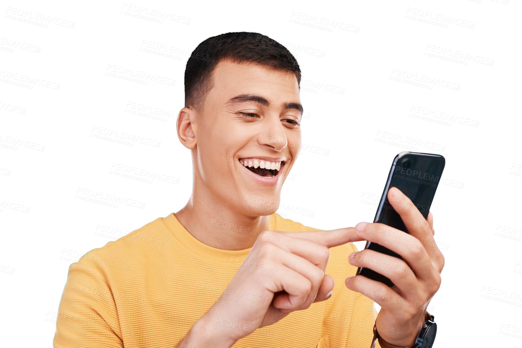 Buy stock photo Phone, funny and man typing on social media, internet and reading meme online. Laughing person on smartphone, comedy app and watch video, communication and isolated on a transparent png background