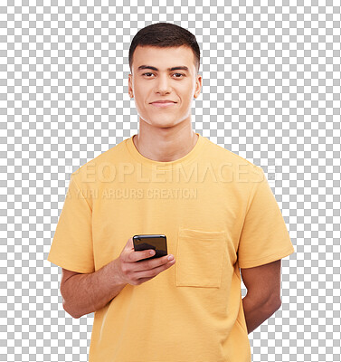 Buy stock photo Phone, portrait and happy man typing on social media, internet and notification online. Face, smile and person on smartphone app to scroll for communication isolated on a transparent png background