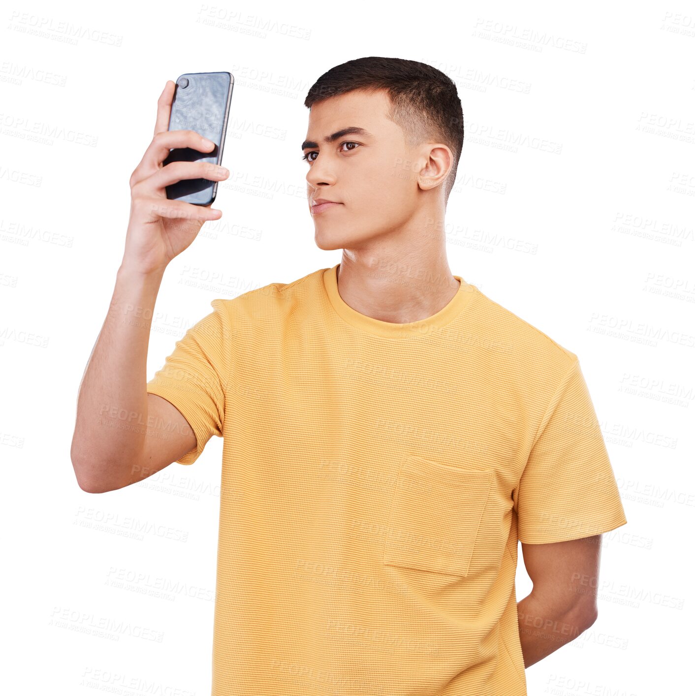 Buy stock photo Social media, selfie and man with a phone for a chat, communication or reading news online. App, person and a mobile for a photo, connection or streaming isolated on a transparent png background