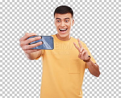 Buy stock photo Man, selfie and peace sign for social media for online connection as isolated png on transparent background. Male person, influencer and video call with internet network or wireless communication 
