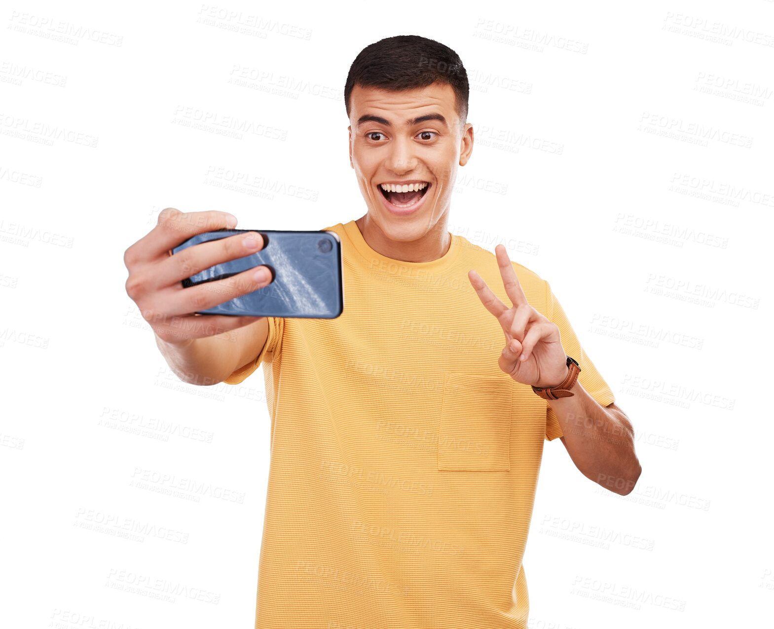 Buy stock photo Man, selfie and peace sign for social media for online connection as isolated png on transparent background. Male person, influencer and video call with internet network or wireless communication 
