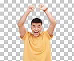 Portrait, smile and man with celebration, excited and winner isolated on a transparent background. Face, happy person or model with fist in the air, victory and png with promotion, happiness or emoji
