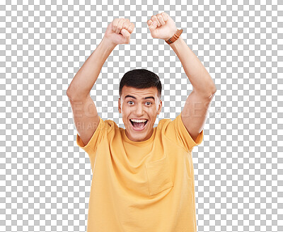 Buy stock photo Portrait, smile and man with celebration, excited and winner isolated on a transparent background. Face, happy person or model with fist in the air, victory and png with promotion, happiness or emoji