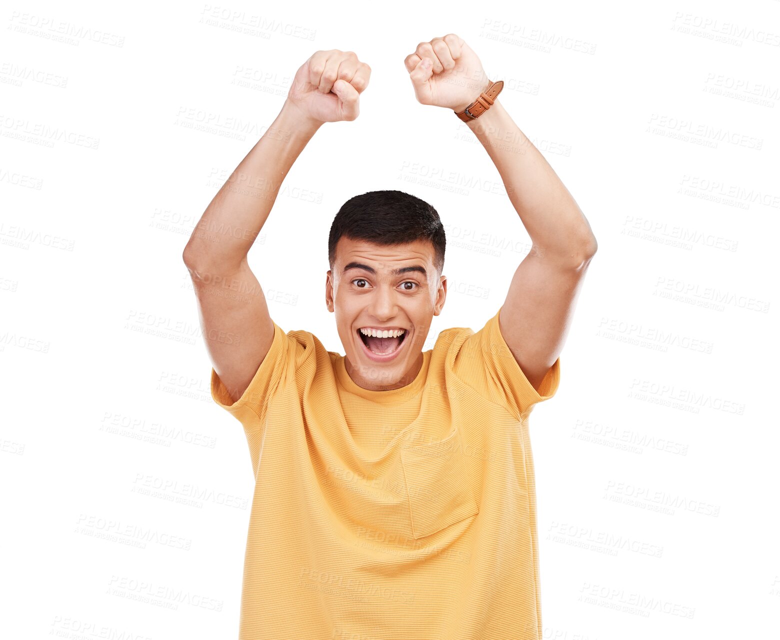 Buy stock photo Portrait, smile and man with celebration, excited and winner isolated on a transparent background. Face, happy person or model with fist in the air, victory and png with promotion, happiness or emoji