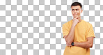 Young man, student and thinking, decision or choice of university, college or education isolated on transparent, png background. Person with ideas or doubt and planning, goals or learning inspiration