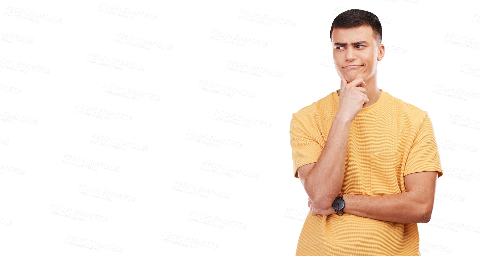 Buy stock photo Young man, student and thinking, decision or choice of university, college or education isolated on transparent, png background. Person with ideas or doubt and planning, goals or learning inspiration