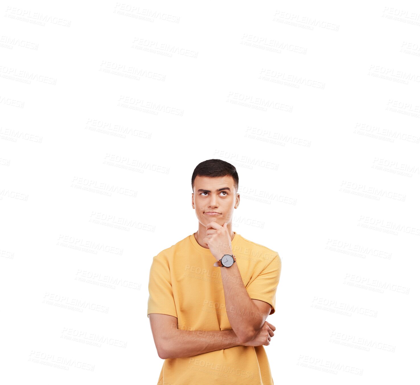 Buy stock photo Man, thinking and idea in planning, problem solving or doubt isolated on a transparent PNG background. Thoughtful or casual male person in wonder, memory or reminder for solution, mindset or ponder