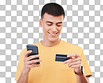 Smartphone, smile and man with credit card for online shopping, fintech and digital banking. Happy customer on mobile, plastic money and financial payment isolated on a transparent png background