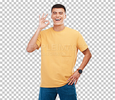 Buy stock photo Portrait, smile and man with ok sign, agreement and feedback isolated o a transparent background. Person, winning and guy with perfect symbol, emoji and icon with png, review and support with opinion