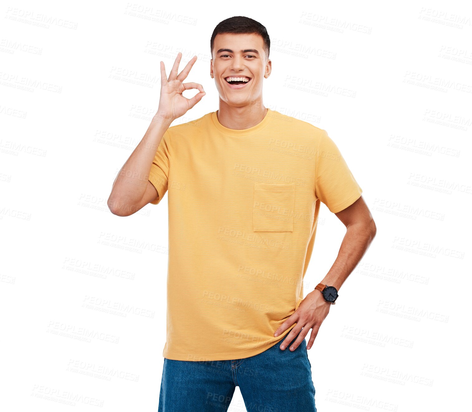 Buy stock photo Portrait, smile and man with ok sign, agreement and feedback isolated o a transparent background. Person, winning and guy with perfect symbol, emoji and icon with png, review and support with opinion