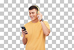 Happy man, headphones and phone in studio for music, radio or audio with smile on transparent png background. Listen, smartphone and person with digital media streaming hip hop, sound or podcast