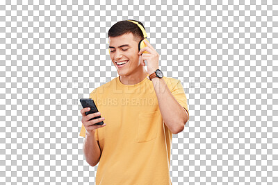 Buy stock photo Happy man, headphones and phone in studio for music, radio or audio with smile on transparent png background. Listen, smartphone and person with digital media streaming hip hop, sound or podcast