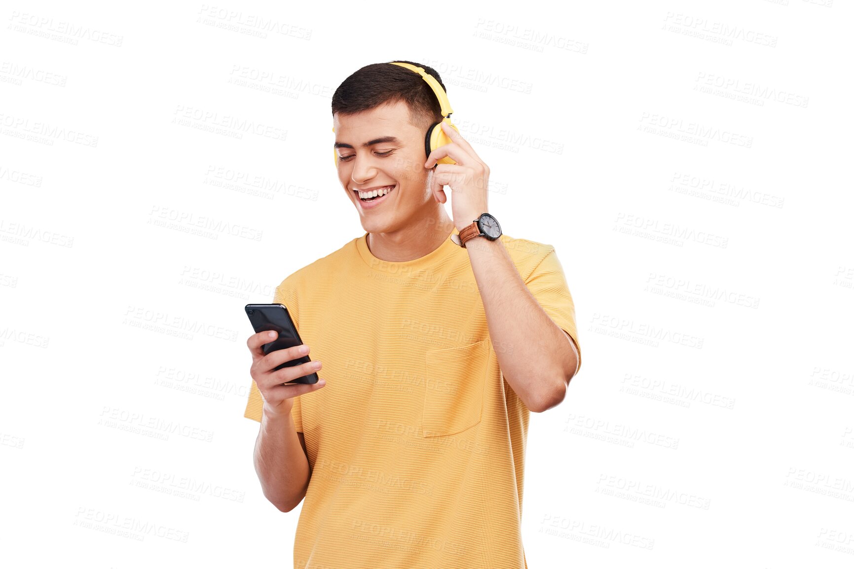 Buy stock photo Happy man, headphones and phone in studio for music, radio or audio with smile on transparent png background. Listen, smartphone and person with digital media streaming hip hop, sound or podcast