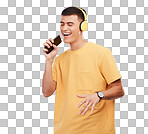 Happy man, headphones and karaoke with phone in studio for music, radio or audio with smile on transparent png background. Listen, smartphone and person with digital media streaming and singing song 