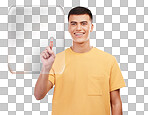 Smile, pointing and man with hologram, selection and innovation isolated on a transparent background. Person, guy and model with ai, future or holographic with options, png and click with digital app