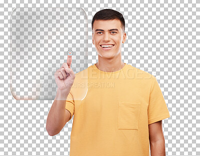 Buy stock photo Smile, pointing and man with hologram, selection and innovation isolated on a transparent background. Person, guy and model with ai, future or holographic with options, png and click with digital app