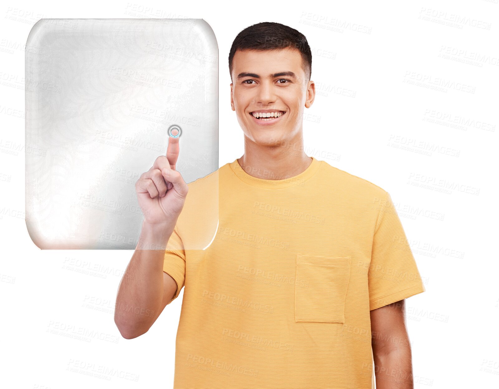 Buy stock photo Smile, pointing and man with hologram, selection and innovation isolated on a transparent background. Person, guy and model with ai, future or holographic with options, png and click with digital app