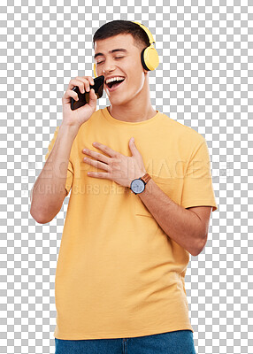 Karaoke, headphones and happy man with phone in studio for music, radio or audio with smile on transparent png background. Listen, smartphone and person with digital media streaming hip hop or sound