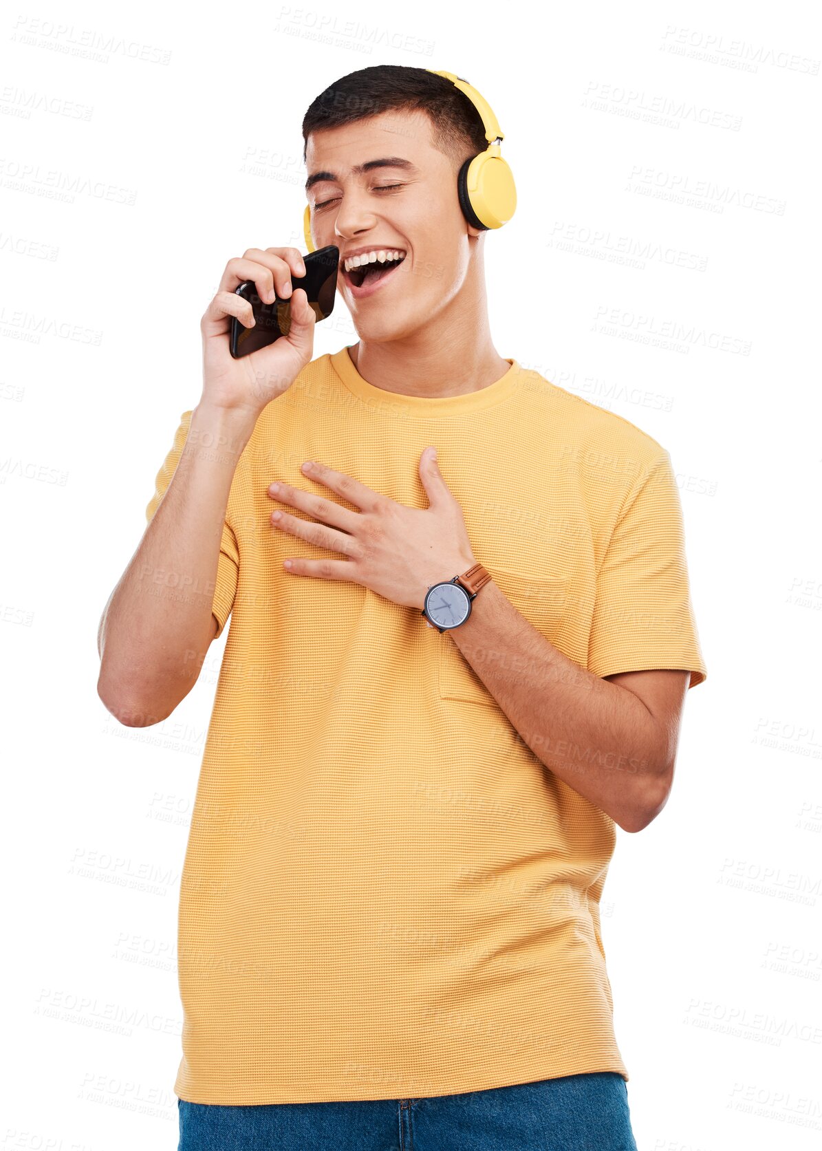 Buy stock photo Karaoke, headphones and happy man with phone in studio for music, radio or audio with smile on transparent png background. Listen, smartphone and person with digital media streaming hip hop or sound