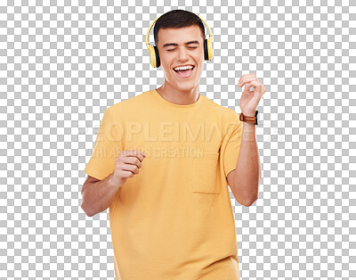 Buy stock photo Music, headphones and happy man dance, excited and isolated on a transparent png background. Singer, radio and  person listening to audio, hearing sound and streaming media, hip hop and celebration