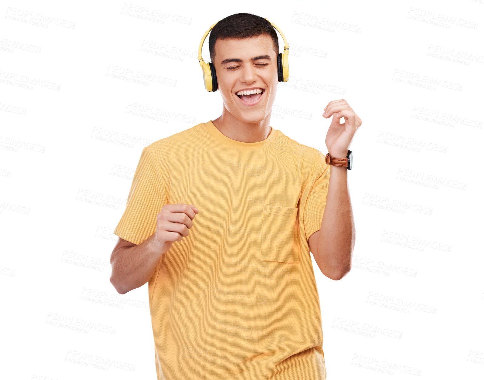 Buy stock photo Music, headphones and happy man dance, excited and isolated on a transparent png background. Singer, radio and  person listening to audio, hearing sound and streaming media, hip hop and celebration