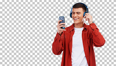 Buy stock photo Headphones, happy man and phone in studio for music, radio or audio with smile on transparent png background. Listen, smartphone and person with digital media streaming techno, sound or podcast