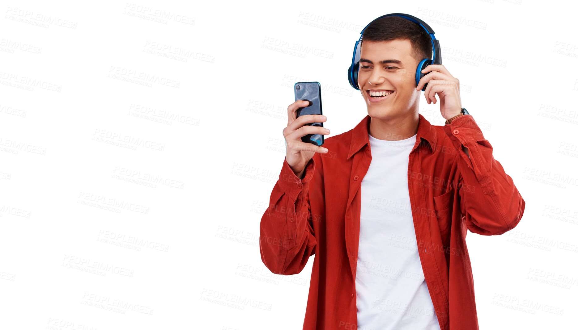 Buy stock photo Headphones, happy man and phone in studio for music, radio or audio with smile on transparent png background. Listen, smartphone and person with digital media streaming techno, sound or podcast