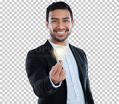 Buy stock photo Business man, light bulb with inspiration or idea in portrait, energy and innovation isolated on png transparent background. Electricity, power and insight with knowledge, brainstorming and learning