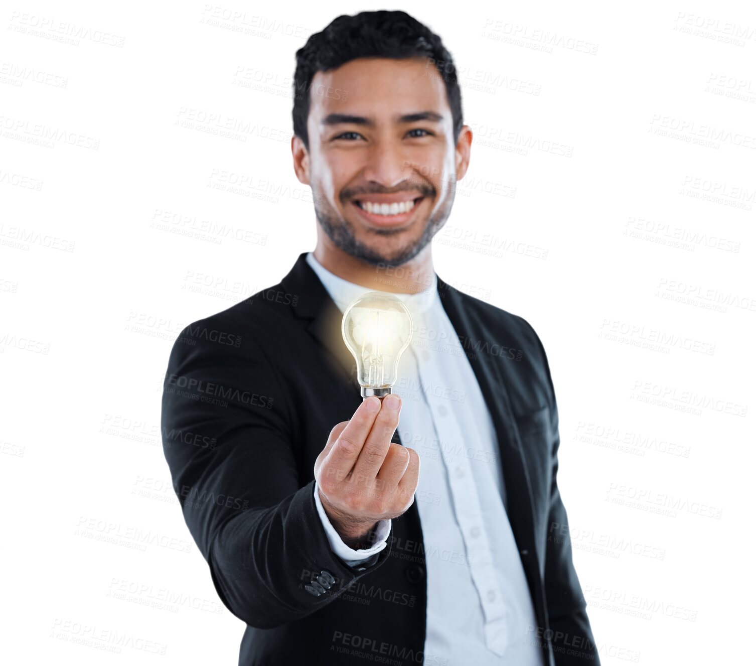 Buy stock photo Business man, light bulb with inspiration or idea in portrait, energy and innovation isolated on png transparent background. Electricity, power and insight with knowledge, brainstorming and learning