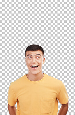 Buy stock photo Thinking, surprise and a man with a vision, inspiration or planning isolated on a transparent png background. Happy, shock and a person or employee with a design idea, creativity or strategy in mind