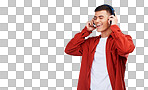 Listening, smile and man with headphones, music and audio isolated on a transparent background. Person, happy guy and model with headset, streaming sound and radio with stress relief, song and png