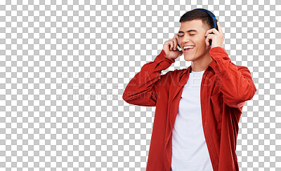 Buy stock photo Listening, smile and man with headphones, music and audio isolated on a transparent background. Person, happy guy and model with headset, streaming sound and radio with stress relief, song and png