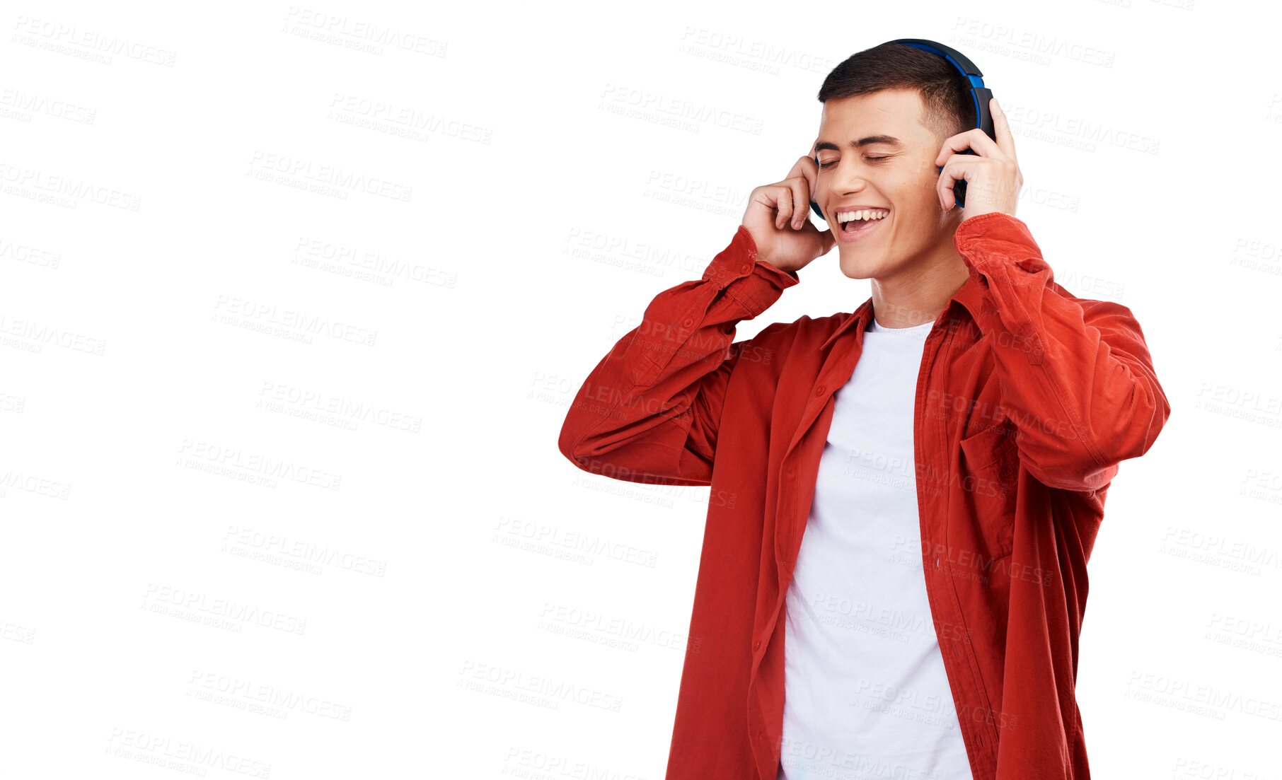 Buy stock photo Listening, smile and man with headphones, music and audio isolated on a transparent background. Person, happy guy and model with headset, streaming sound and radio with stress relief, song and png