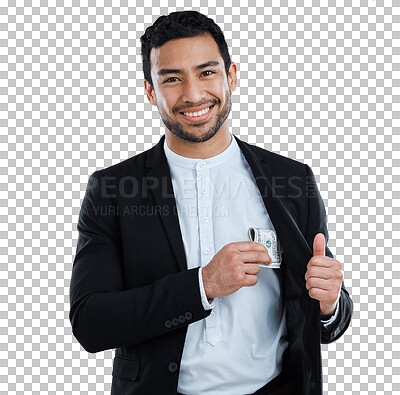 Buy stock photo Portrait, business and man slipping money into his pocket, smile and professional isolated on a transparent background. Person, happy employee or accountant with png, cash and finance with investment