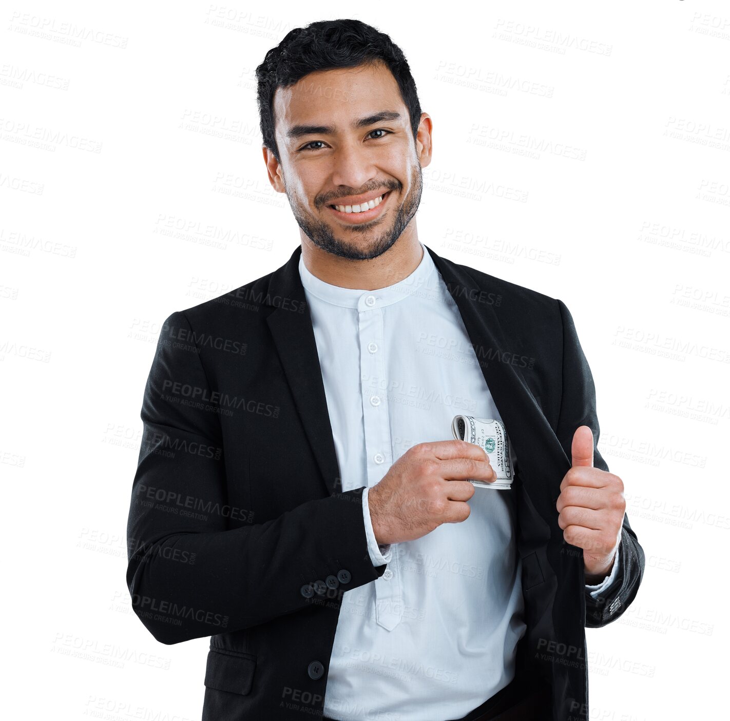 Buy stock photo Portrait, business and man slipping money into his pocket, smile and professional isolated on a transparent background. Person, happy employee or accountant with png, cash and finance with investment