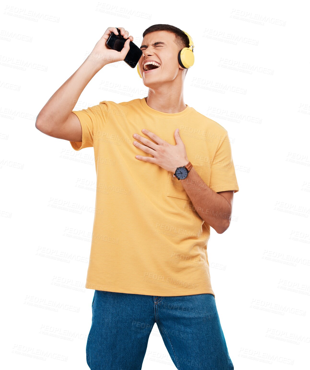 Buy stock photo Happy man, headphones and karaoke with phone in studio for music, radio or audio with smile on transparent png background. Listen, singing and person with digital media streaming sound or podcast
