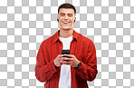 Phone, earphones and portrait of young man networking on social media, mobile app or internet. Happy, smile and model scroll on cellphone and listen to music isolated by transparent png background.