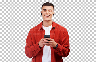 Phone, earphones and portrait of young man networking on social media, mobile app or internet. Happy, smile and model scroll on cellphone and listen to music isolated by transparent png background.