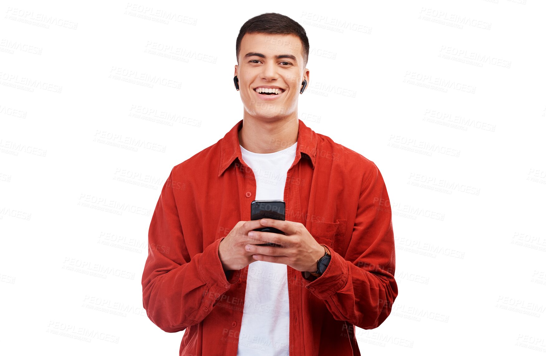 Buy stock photo Phone, earphones and portrait of young man networking on social media, mobile app or internet. Happy, smile and model scroll on cellphone and listen to music isolated by transparent png background.