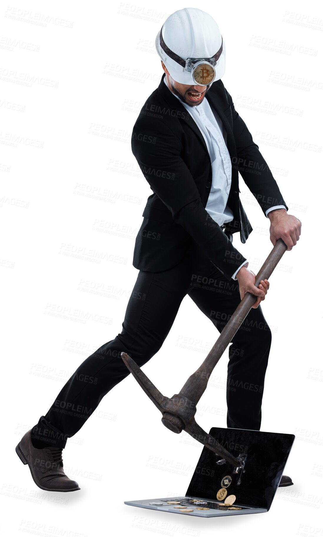 Buy stock photo Business, mining and man with a laptop, finance and investor isolated on a transparent background. Person, broker and trader with a pc, financial growth or profit with success, accounting and png