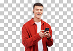 Man, student and phone for listening to music, audio streaming service and social media in portrait. Face of happy young person in earphones and mobile chat isolated on a transparent png background